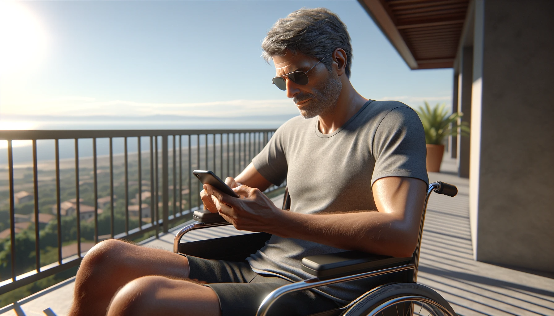 Na zdjęciu przedstawiony jest mężczyzna w średnim wieku, siedzący na balkonie w wózku inwalidzkim i korzystający ze smartfona. Ma na sobie szare, casualowe ubranie i ciemne okulary przeciwsłoneczne. Sceneria za nim obejmuje widok na morze i jasne niebo. Światło słoneczne delikatnie rozświetla scenę, a całość kompozycji przekazuje atmosferę relaksu i nowoczesności.